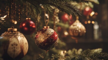 Golden and Red Christmas Ornaments with Cozy Warm Lighting
