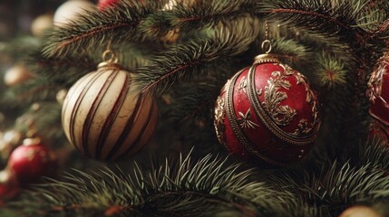 Cinematic Christmas Tree Close-Up with Red and Gold Ornaments