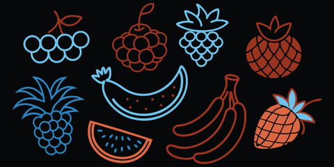 Vibrant neon fruit collection featuring grapes bananas pineapples and watermelon slices isolated on transparent background