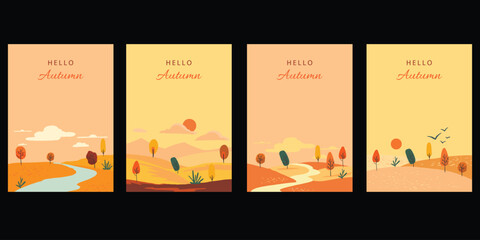 Four vertical greeting cards featuring abstract autumnal designs and text isolated on transparent background