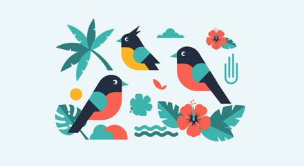 Naklejka premium Vibrant Bird Illustrations with Tropical Flora and Fauna Elements.
