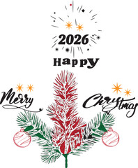 Merry Christmas and Happy New Year 2026 Greeting Card with Pine Tree Branch