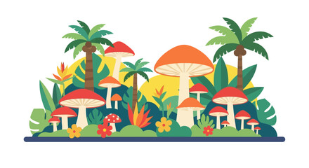 Obraz premium Vibrant Fantasy Mushroom Forest with Tropical Plants and Palm Trees.