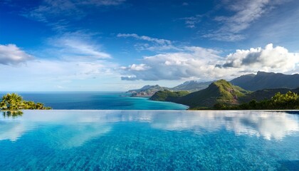 Naklejka premium infinity pool overlooks mountainous coastline with crystal clear turquoise waters reflecting sky