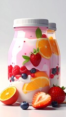 Two glass bottles filled with layered fruit smoothies, showcasing vibrant berries, oranges, and a creamy base.  The bottles sit on a light gray background with additional fruit pieces around them