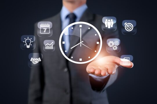 Time Management and Strategy, man hold clock icon