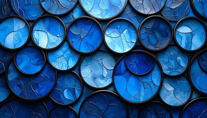 Abstract circular pattern of layered, stained glass-like, deep blue shapes