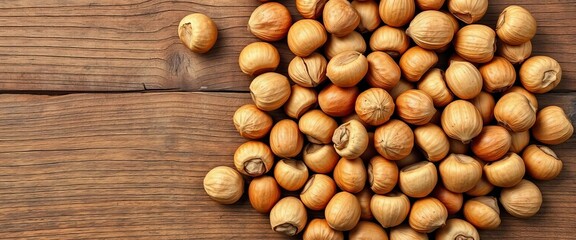 Overhead shot of shelled hazelnuts against rustic wood background,  high angle,  graphic