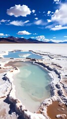 Pristine pools of turquoise water in a vast white salt flat, framed by a vibrant blue sky and distant mountains