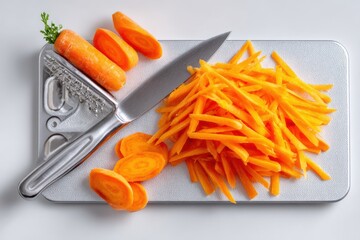 Sleek cutting board with peeler and vegetables, perfect for food, diet, or cookware branding visuals.