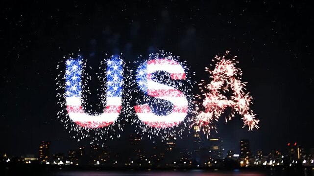 Spectacular Fireworks Display Over City Skyline Creating "USA" in Light Painting Animation 4th July Celebration