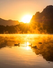Golden sunrise over a misty lake, ducks in the foreground