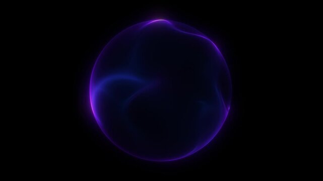 A deep purple glowing sphere on a black background. A round pink purple neon bubble. A magical vortex of a ball with colored plasma. Mystical crystal glass energy. Astral or aural swirl, glitter.