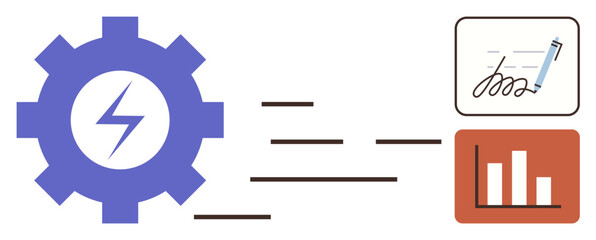 Gear with lightning bolt connecting to digital signature and bar chart, representing streamlined workflow and automated processes. Ideal for efficiency, innovation, technology, data management