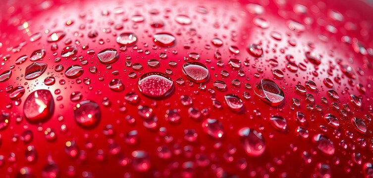 Close-up panoramic view of water droplets on a red metallic surface, reflecting light,  condensation,  water texture