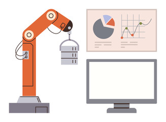 Robotic arm holding a database server, connected to a monitor and analytics charts. Ideal for automation, robotics, technology, data processing, engineering, AI industry. Simple flat metaphor