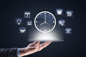 Time Management and Strategy, man hold clock icon