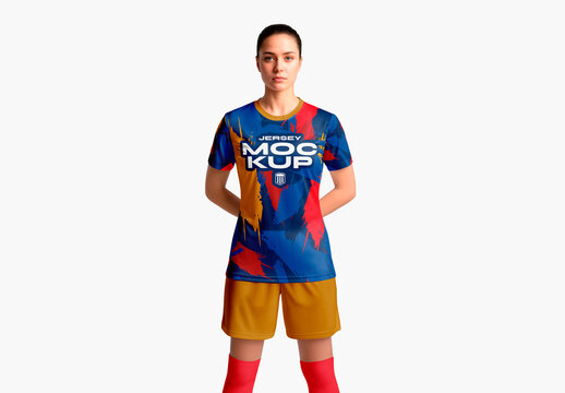 Woman Wearing Soccer Jersey and Shorts Mockup
