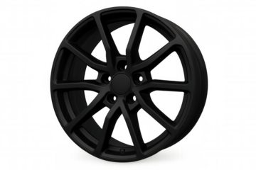 Car wheel rim displaying black matte finish, isolated with spokes on transparent background, automotive part