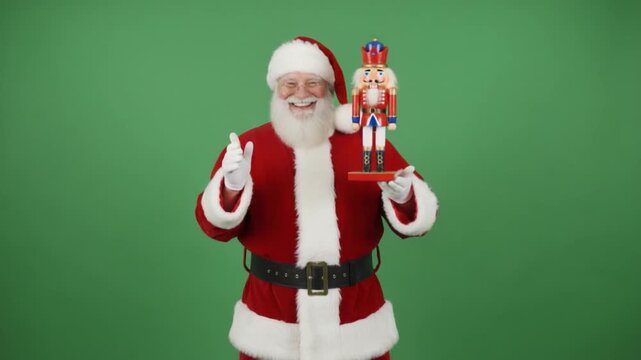 Santa Claus and the Nutcracker: Jolly Saint Nick, resplendent in his traditional attire, joyfully presents a nutcracker. A scene of festive cheer and holiday delight. 