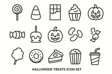 Halloween treats icon set featuring candy, pumpkins, and desserts