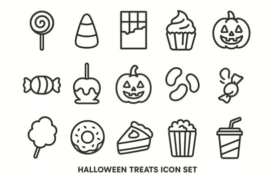 Halloween treats icon set featuring candy, pumpkins, and desserts