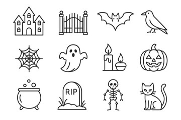 Halloween icon set: haunted house, bat, ghost, pumpkin, skeleton, cat, cobweb, witch cauldron, tombstone