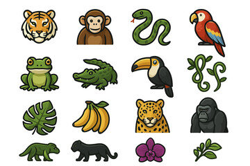 Obraz premium Colorful jungle animals and plants icon set featuring tiger, monkey, snake, parrot, and more