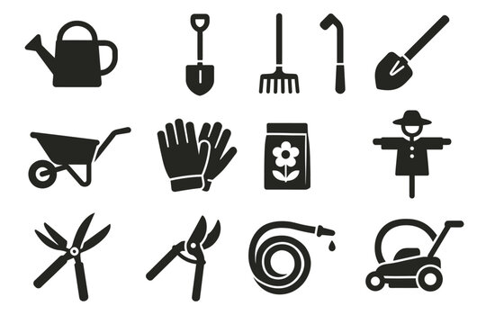 Silhouette set of gardening tools and accessories for outdoor maintenance