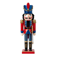 Festive full shot of a wooden nutcracker figurine on a black backdrop. It features red and blue coloring, is isolated and cutout. With clipping path.
