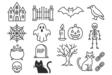 Fototapeta premium Halloween icons: haunted house, ghost, skeleton, cat, and more