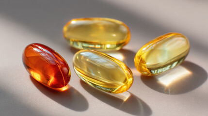 Bright softgel capsules glowing under natural light, supplement concept