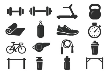 Fototapeta premium Fitness equipment icons: dumbbells, treadmill, kettlebell, bicycle, stopwatch, whistle