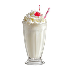 Delicious Vanilla Milkshake with Whipped Cream and Cherry isolated against black