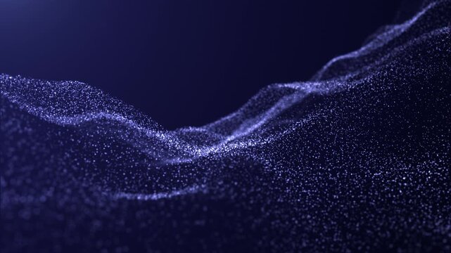 Digital particle wave and light abstract background, futuristic cyber background with wave magic animation of sparkling glowing particles, dots flicker and glow. 3D. Seamless loop 4k 