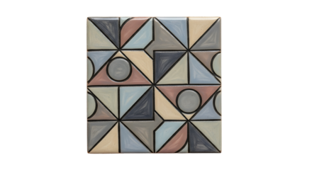 Detailed geometric mosaic featuring pastel colored triangles and circles in a square pattern on a transparent background. Ideal for modern abstract designs and decorative art projects.