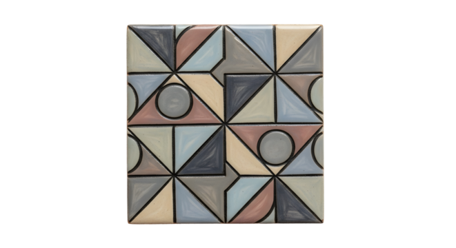 Detailed geometric mosaic featuring pastel colored triangles and circles in a square pattern on a transparent background. Ideal for modern abstract designs and decorative art projects. - Powered by Adobe