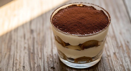 Tiramisu dessert in a glass cup, dusted with cocoa powder, resting on a wooden surface with light.
