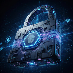 Cadeado futurista com abertura por digital. Tons de azul com luzes de neon