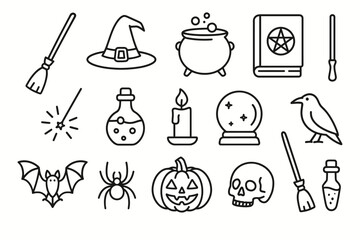 Obraz premium Halloween symbols: witch hat, cauldron, potion, crystal ball, pumpkin, skull, and broomstick