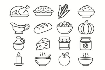 Thanksgiving icons: turkey, pie, corn, bread, cheese, and more festive symbols