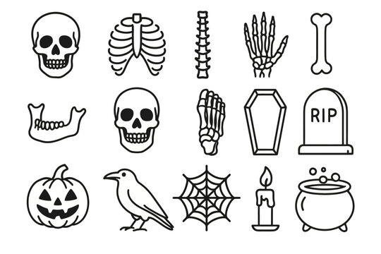 Halloween symbols: skulls, skeletons, tombstones, and spooky elements