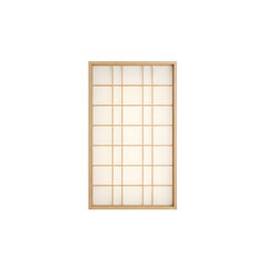 Illuminated shoji screen on transparent background featuring wooden frame and grid paper panes creating a neutral light backdrop for interior designs, art and backdrops