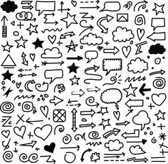 Mega Pack of Hand Drawn Doodle Design Elements. Arrows, Hearts, Stars, Clouds & Speech Bubbles.