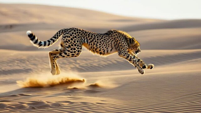 Cheetah sprinting across golden desert dunes kicking up sand in slow motion majestic wildlife HD video.	
