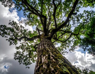Massive tree reaching towards a cloudy sky.  Deep perspective.  Large, gnarled trunk, lush canopy.  Natural light
