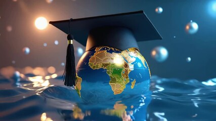 Graduation cap globe floating on water with bokeh lights symbolizing global education and HD video.	
 - Powered by Adobe