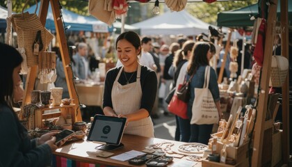 Asian female vendor at outdoor market stall with handcrafted goods and customers browsing in daylight.