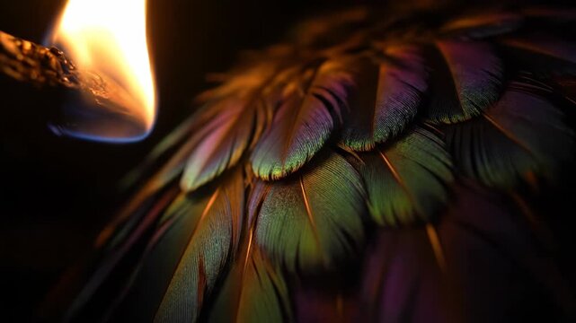 Fiery match flame illuminates iridescent feathers against a dark background. The feathers display shades of green, purple, and gold