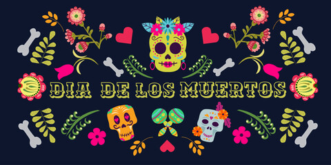 Vibrant Dia de Muertos , Day of the Dead POSTER with sugar skulls, skeletons, and festive decorations on a dark background. Perfect for Mexican holiday, celebration design, and cultural posters